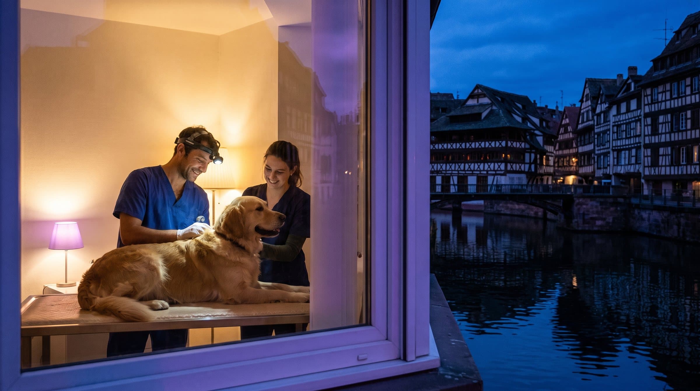 Vétérinaire examinant un chien la nuit dans une clinique de Strasbourg, les maisons à colombages de la Petite France au bord de l’eau