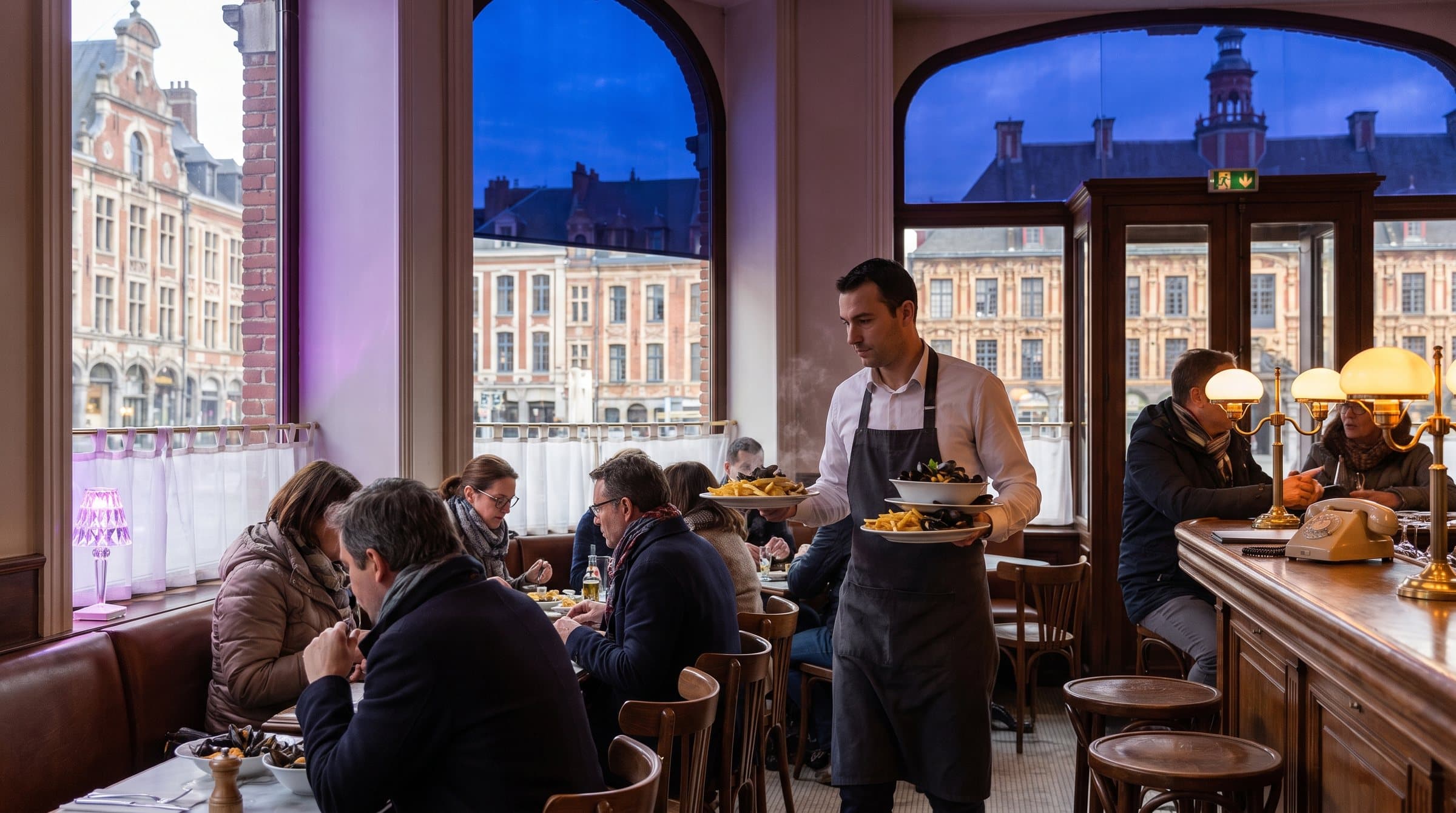 Serveur apportant des moules-frites dans une brasserie de Lille, les façades flamandes de la Grand-Place derrière les vitres