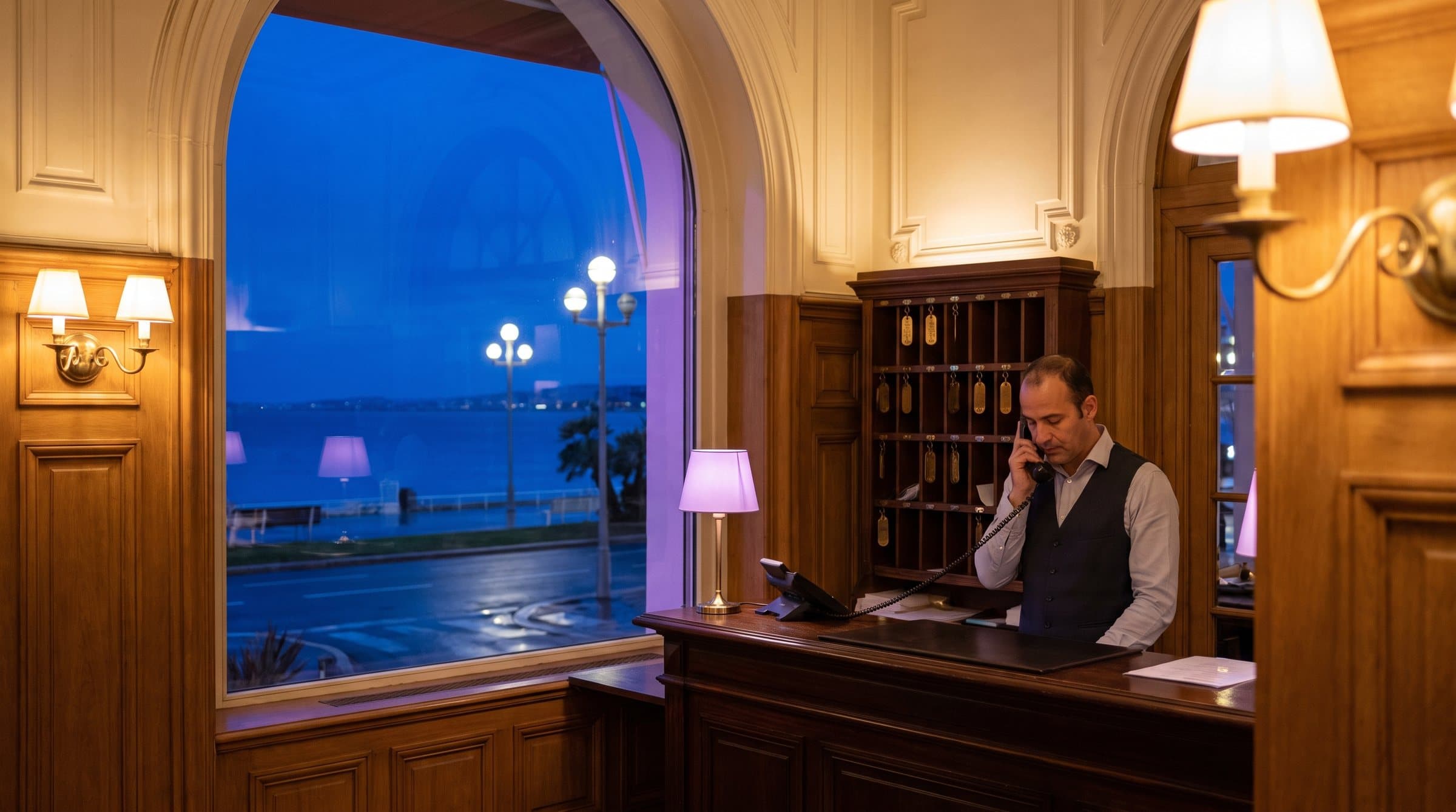 Réceptionniste de nuit au téléphone dans un petit hôtel de Nice, la Promenade des Anglais et la baie des Anges à l’heure bleue