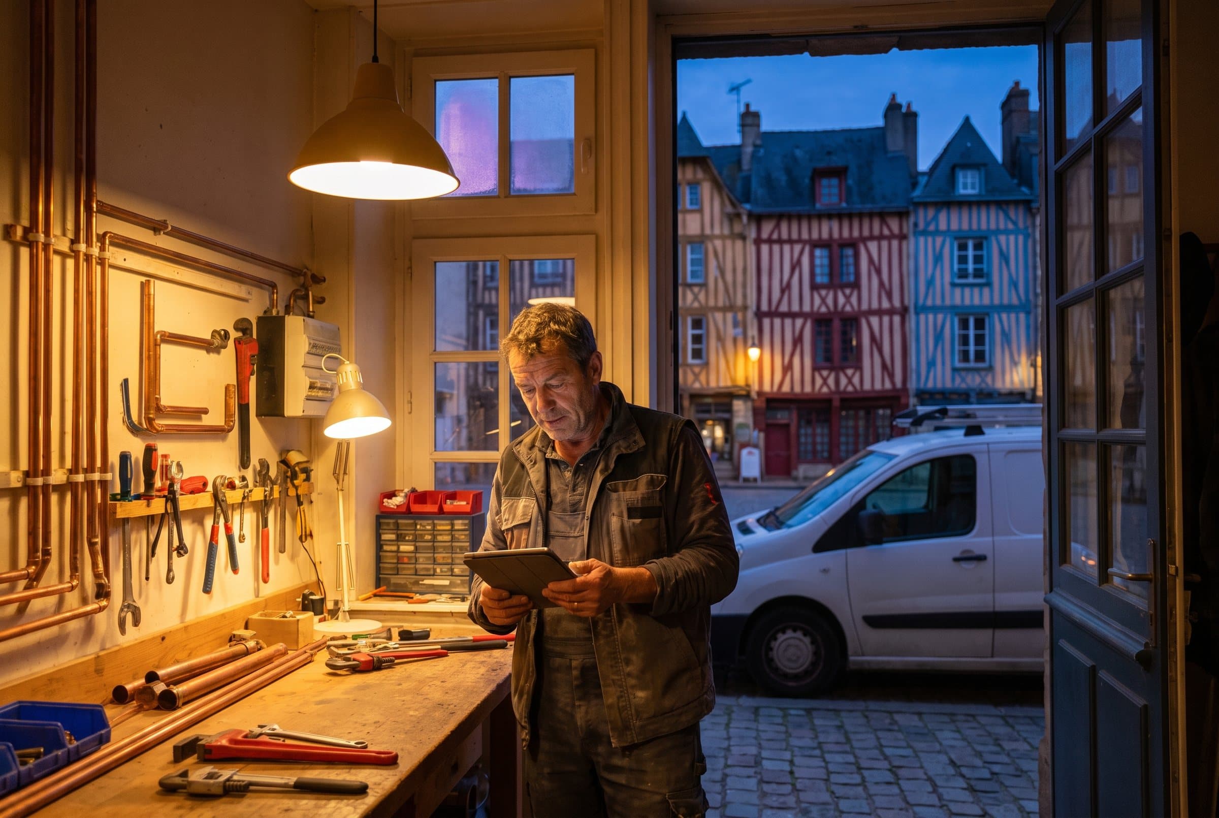 Chauffagiste dans son atelier à Rennes, maisons à pans de bois derrière la porte