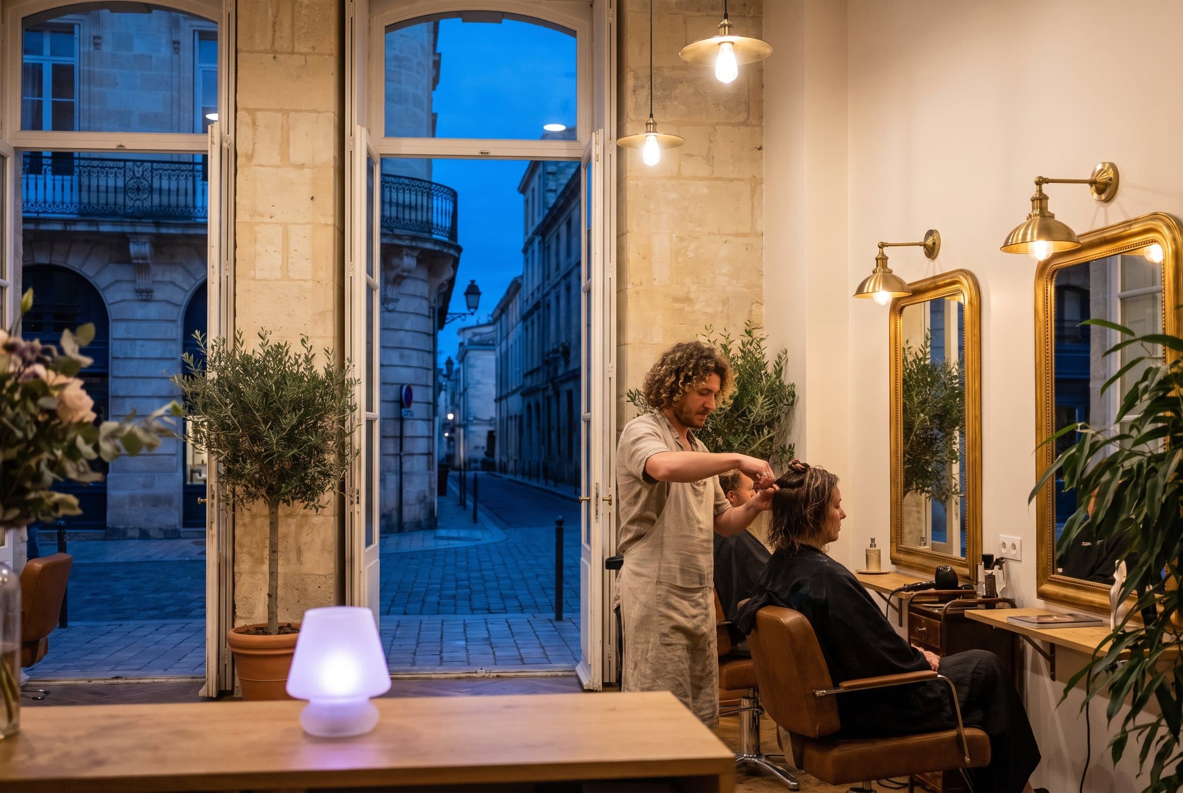 Coiffeur au travail dans un salon d’un immeuble en pierre de Bordeaux