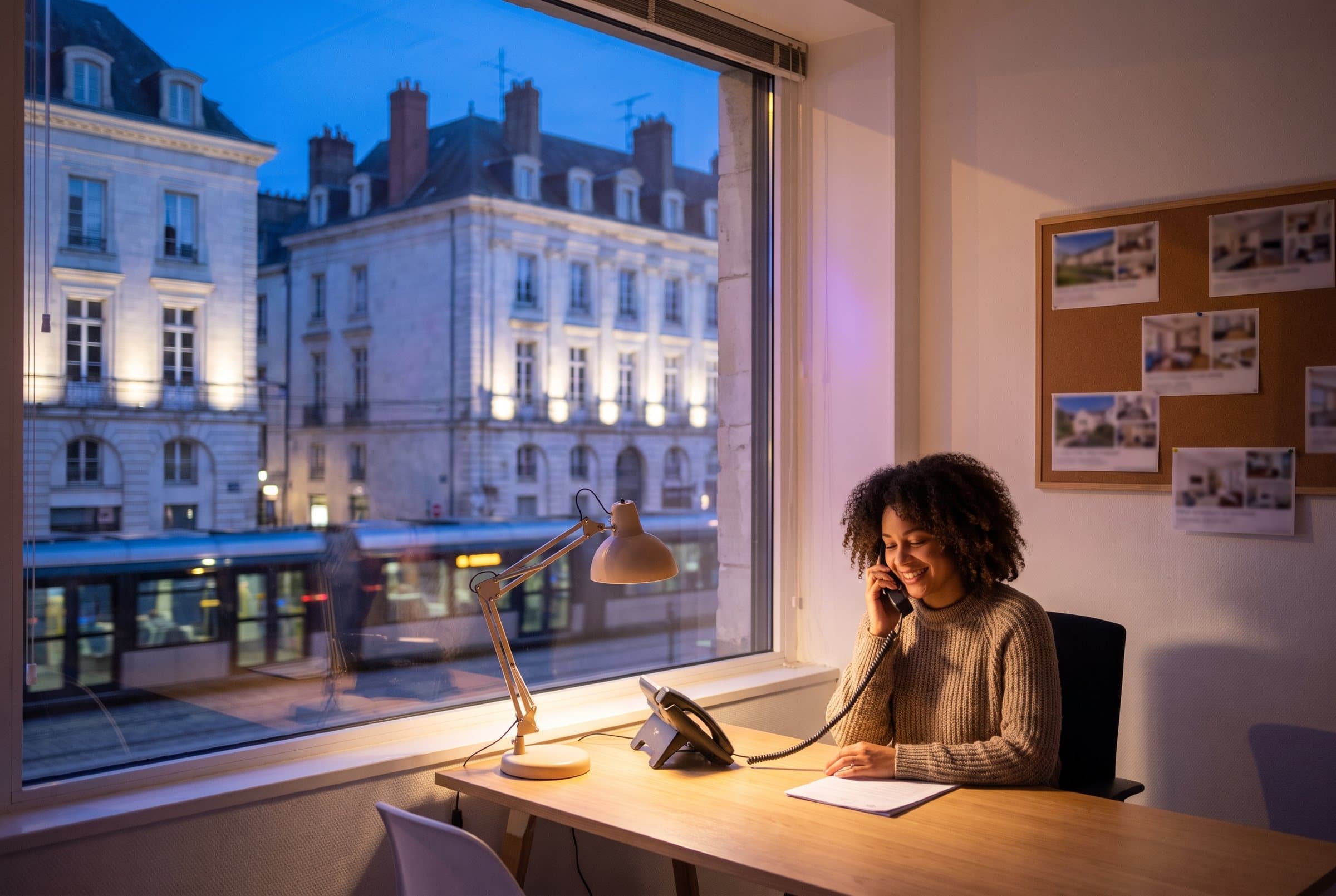Agente immobilière au téléphone face aux façades en tuffeau de Nantes