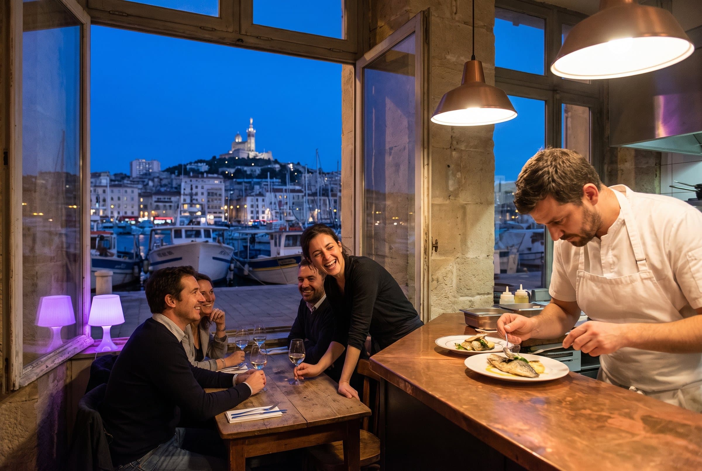 Bistrot sur le Vieux-Port de Marseille, Notre-Dame de la Garde en arrière-plan