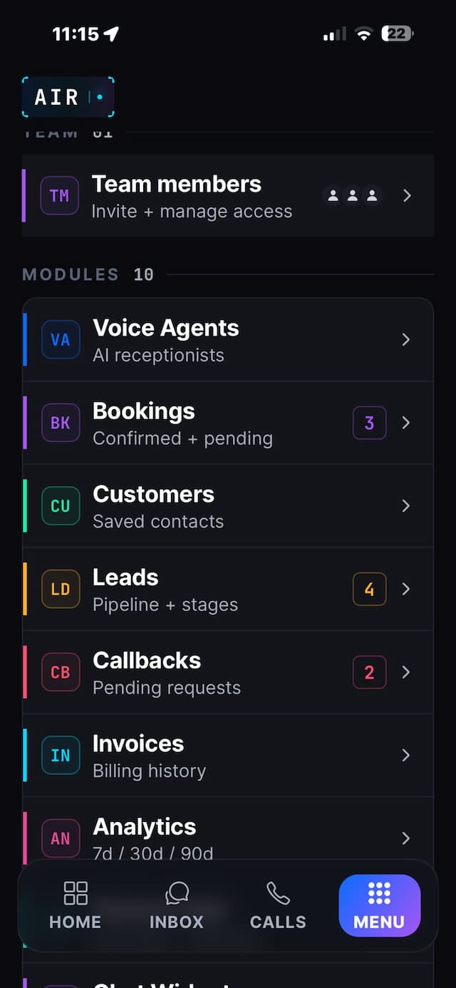 Menu des Modules